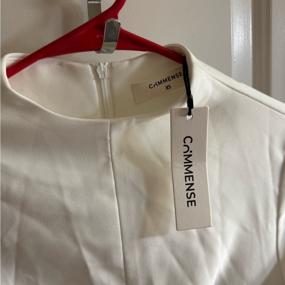 Commense Red Pleated Hem Mock Neck Mini Dress XS NWT Long Sleeve White - Picture 9 of 12